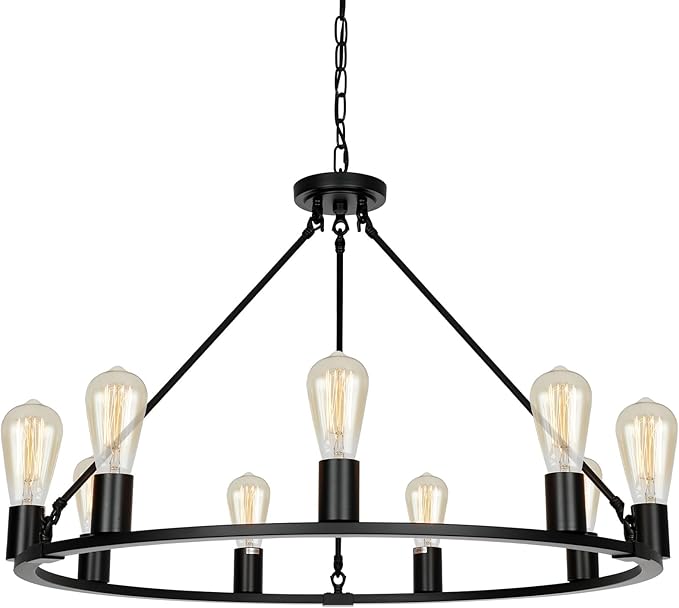 9-Lights Farmhouse Chandelier | Dia 32'' Black Wagon Wheel Chandelier | Rustic Hanging Dining Room Light Fixture | Apply to Living Room | Kitchen Island | Entryway | Foyer