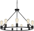 9-Lights Farmhouse Chandelier | Dia 32'' Black Wagon Wheel Chandelier | Rustic Hanging Dining Room Light Fixture | Apply to Living Room | Kitchen Island | Entryway | Foyer