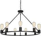 9-Lights Farmhouse Chandelier | Dia 32'' Black Wagon Wheel Chandelier | Rustic Hanging Dining Room Light Fixture | Apply to Living Room | Kitchen Island | Entryway | Foyer