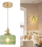 Pendant Light with Green Striped Glass Lmapshade, Brass Vintage Pendant Light Adjustable Hanging Light for Kitchen Island Dining Room Hallway