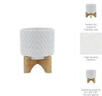 Sagebrook Home Modern Ceramic Planter with Stand - Textured Stoneware Pot with Bamboo Base for Indoor & Outdoor Plants - Decorative Flower Pot for Home & Garden - 8" White