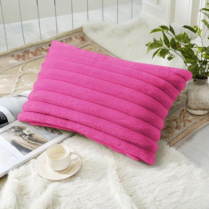 decorUhome Faux Fur Throw Pillow Covers 12x20 Set of 2, Decorative Soft Plush Striped Lumbar Neutral Couch Euro Pillow Covers with Velvet Back for Sofa, Bed, Living Room Home Decor, Hot Pink