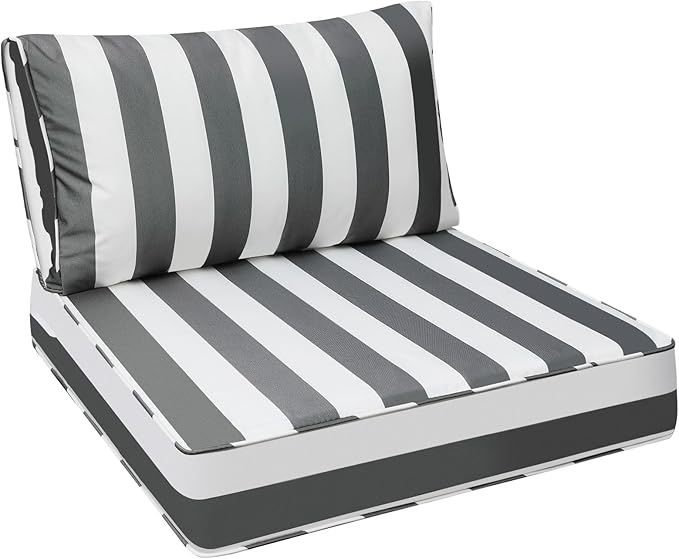 AAAAAcessories Outdoor Deep Seat Cushions, Waterproof, Fade-Resistant Patio Furniture Replacement Cushions, 25.5" x 25.5" x 5" + 25.5" x 13.5", Gray Cabana Stripe