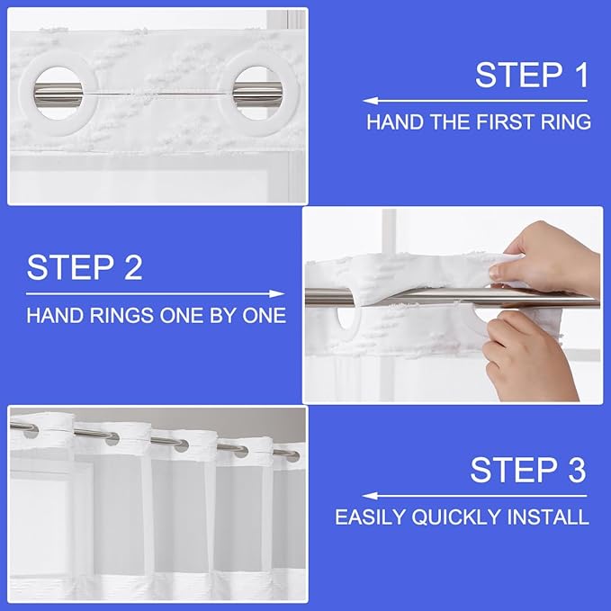 No Hook Shower Curtain Liner Set, Snap in Hookless Shower Curtain with Tassels, Ringless Chevron Tufted Fabric Boho Bathroom Curtains, Mesh Top Window Hotel Style Bath Curtains 74" x 71", White