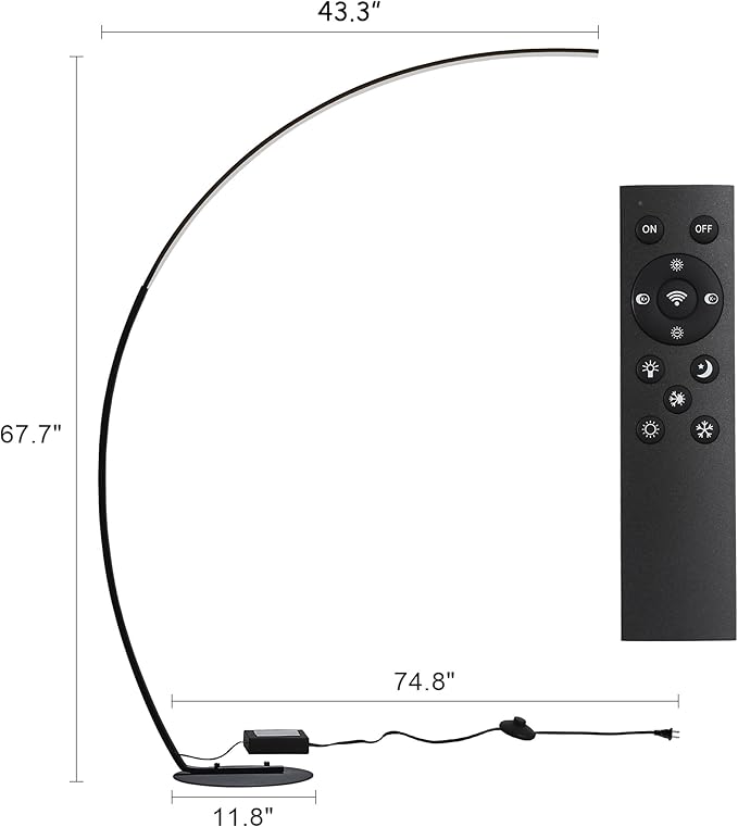 67in Dimmable LED Arc Floor lamp with 3 Color Temperatures, Modern Floor Lamps for Living Room, Standing Tall Lamp with Remote Control Reading Ambient Lighting for Bedroom Office Living Room