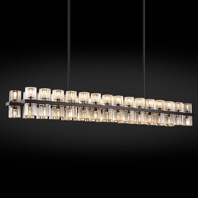 Crystal Black Rectangle Chandelier for Dining Room,L54in Dining Room Chandelier Over Table,Modern Chandelier for Dining Room,Kitchen Island, Over The Dining Table, Includes 60xG4 Bulbs