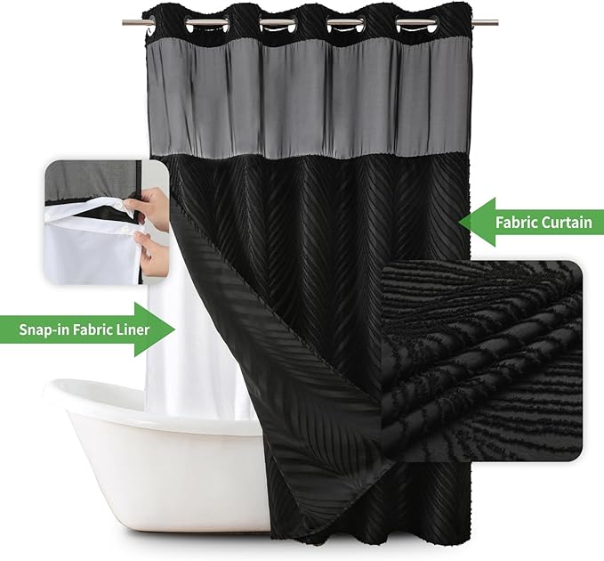 no Hook Shower Curtain and Liner Set，Boho Style with See Through Top Window, Black Fabric Tufted Striped Textured Outer Curtain & Waterproof Inner Liner, DarkBlack, 71Wx86H