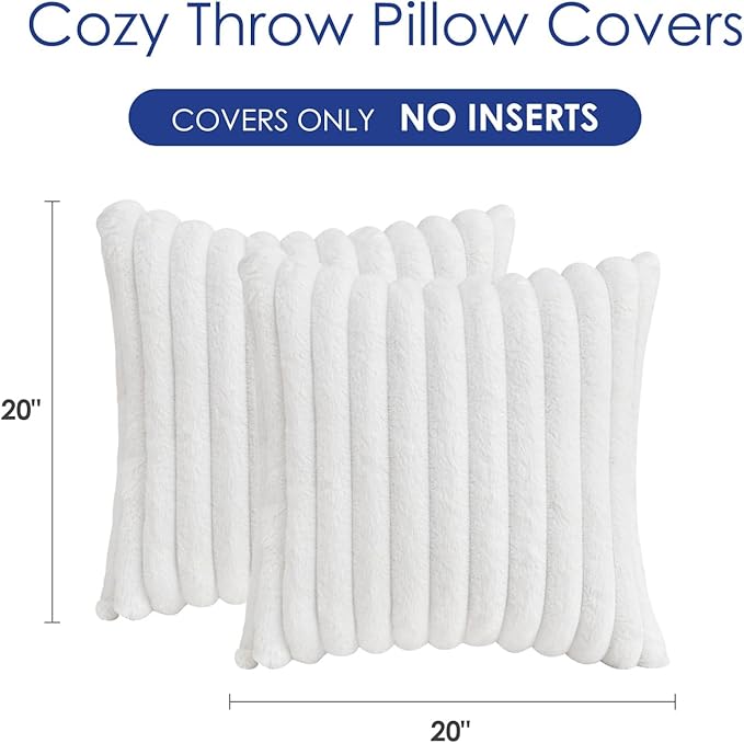 Throw Pillow Covers Decorative Faux Fur Set of 2 20x20 Inch Pillow Covers, Soft Cream White Striped Pillowcases for Couch Sofa Bed Living Room, Fluffy Cute Home Boho Accent Fuzzy Decor