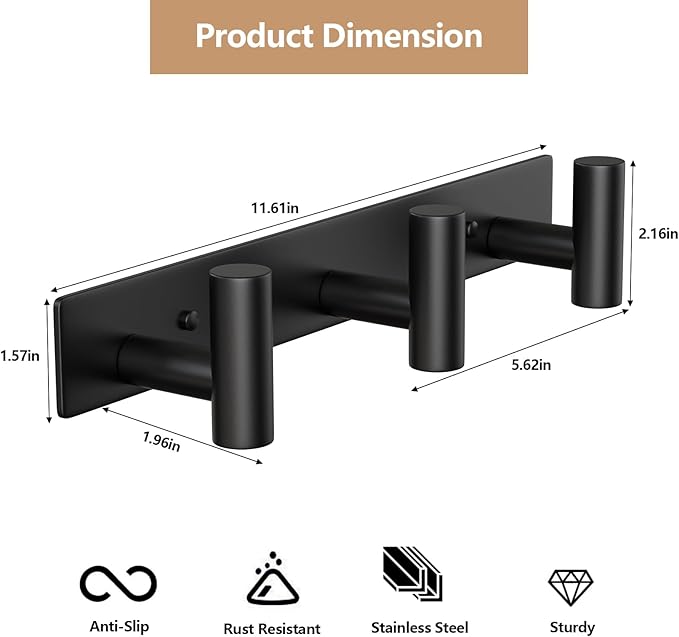 Coat Rack Wall Mounted-3 Hooks,Heavy Duty Stainless Steel Wall Hooks for Towel Coat Bag, Hat Rack Coat Hanger Coat Hooks Towel Racks for Bathroom Entryway Kitchen Hotel Office (Black, 2 Packs)