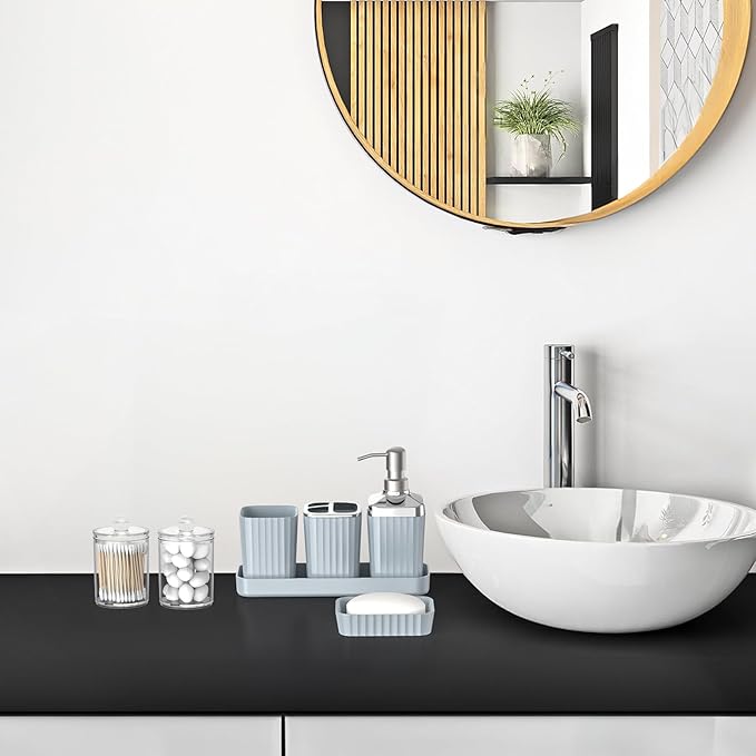 Umimile Grey Bathroom Accessories Set, 9-Piece Bathroom Set with Toothbrush Holder, Toothbrush Cup, Soap Dispenser, Soap Dish, Vanity Tray, Toilet Brush Holder, Qtip Holder and Trash Can