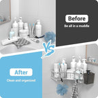 Corner Shower Caddy Shelf Rack: 2 Pack Adhesive Shower Organizer Essentials - No Drilling Stainless Steel Shower Storage Rack with Hooks and Toothpaste Holder - Bathroom Accessories