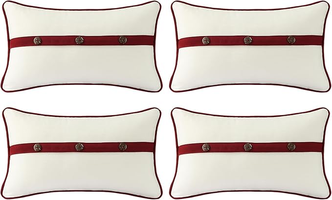 Outdoor Sunbrella Decorative Pillows with Triple Coconut Buttons Pack of 4, 20" x 12" Outdoor Pillow Set for Couch Bed Throw Patio Sofa, Spectrum Eggshell/Spectrum Ruby