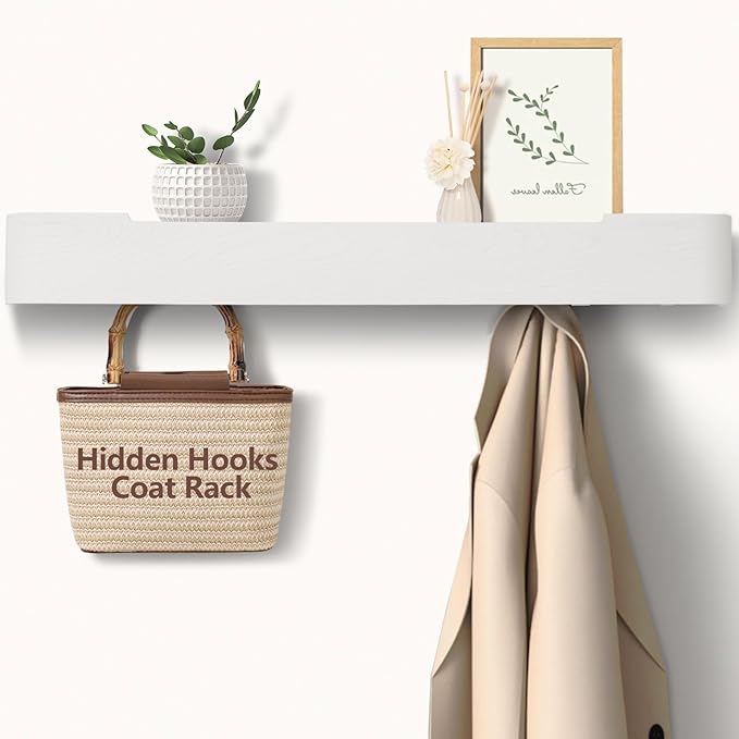 Coat Rack Wall Mount with Hidden Hooks Entryway Hanging Shelf Modern Wood Coat Hanger for Bedroom Kitchen Hallway Bathroom (White,32.7 Inch Long)