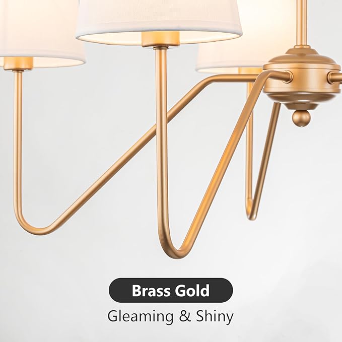 Brass Gold Chandeliers for Dining Room, 5-Light Modern Pendant Light Fixture Over Table with White Shade Farmhouse Lighting Fixtures for Living Room Bedroom Hallway Height Adjustable