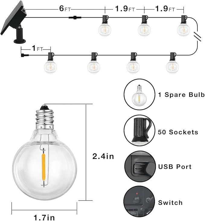 DAYBETTER 100FT Solar String Lights Outdoor Waterproof with Remote,50 LED Bulbs Dimmable&Timer,Patio Lights Solar Powered, Weather Resistant for Patio, Garden, Yard, Pathway