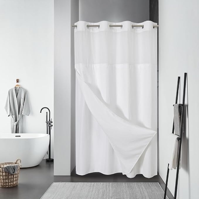 White No Hook Waffle Weave Shower Curtain with snap-in Liner Replacement, 230GSM Waterproof Fabric Hotel Shower Curtain Set for Bathroom, Through Mesh Top Window,60Wx74H