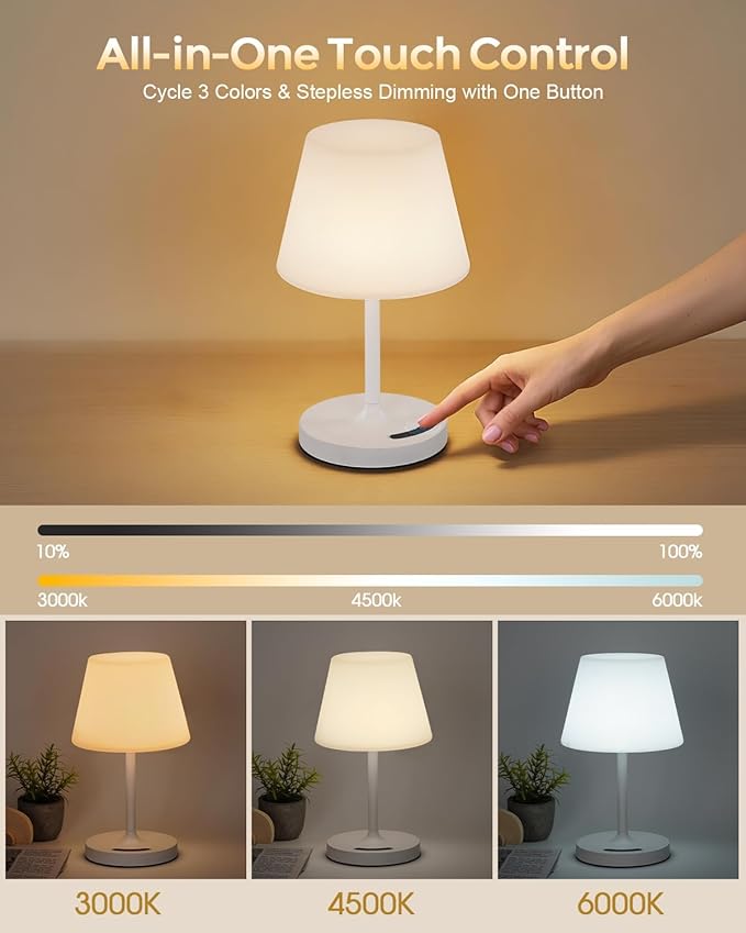 Outdoor Battery Operated Table Lamp, IP54 Waterproof Shower Lamp, 4000mAh Rechargeable Cordless Lamp, 3 Color Temperatures Dimmable, Small Touch Table Lamp for Bedroom, Patio, Camping, Restaurant