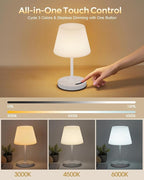 Outdoor Battery Operated Table Lamp, IP54 Waterproof Shower Lamp, 4000mAh Rechargeable Cordless Lamp, 3 Color Temperatures Dimmable, Small Touch Table Lamp for Bedroom, Patio, Camping, Restaurant