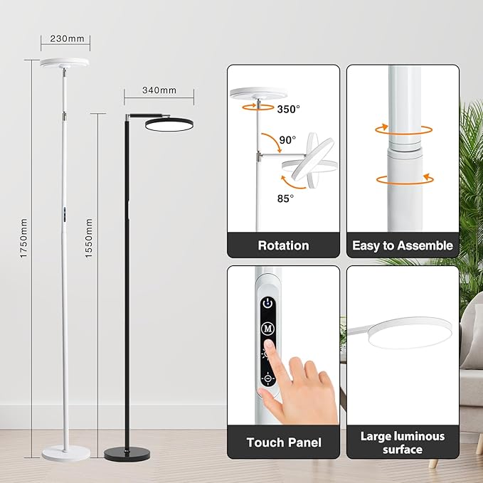 Torchiere Floor Lamp, Eye-Care Reading Lamp, 72" White Standing Lamps with Touch Control, Modern Bright Lamp for Bedroom,Office,Living Room