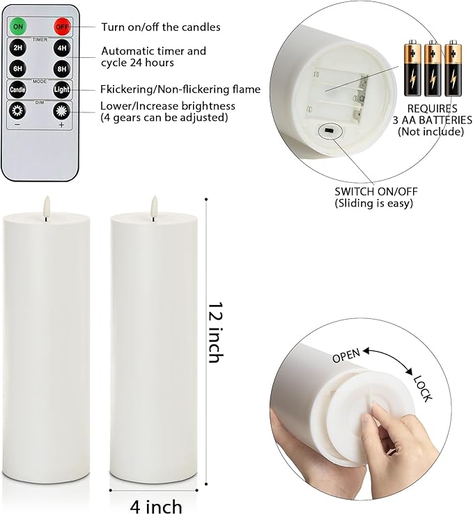 5plots 4" x 12" Waterproof Outdoor Flameless Candles Battery Operated LED Large Pillar Candles with Remote and Timer for Indoor Outdoor Lanterns, Long Lasting, White, Set of 2