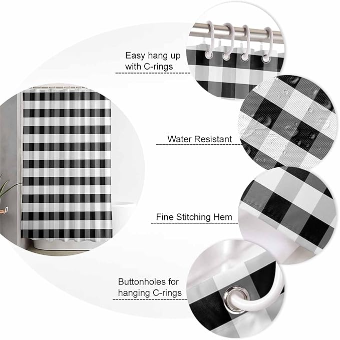 Vandarllin Rustic Black White Buffalo Check Plaid Pattern Shower Curtain, Farmhouse Shower Curtains Set with Hooks, Waterproof Fabric Bathroom Curtains Decor Home Accessories,72 X 72 Inch Long