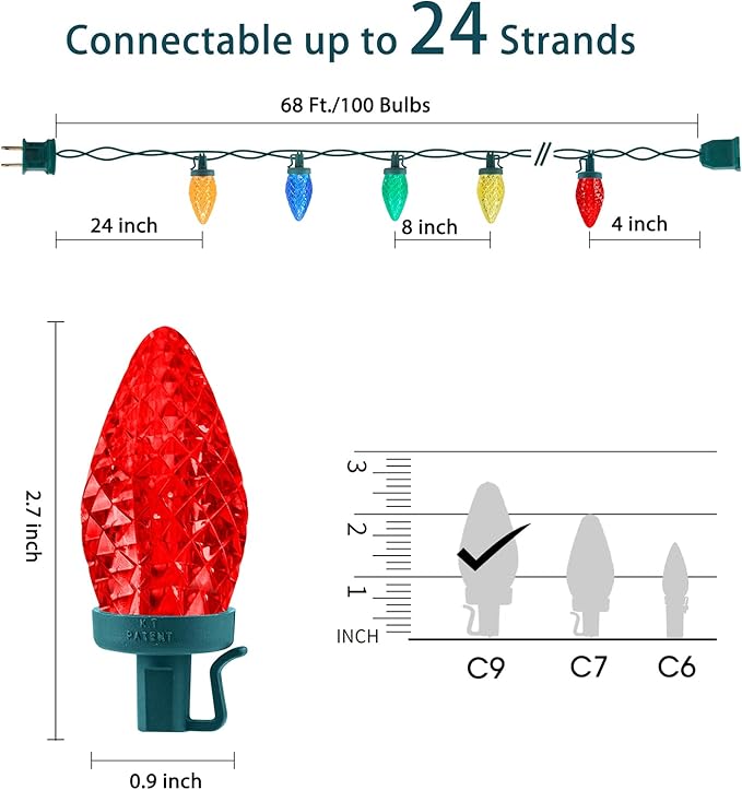 C9 LED Christmas Lights Outdoor, 68 Ft 100 LED String With All in One Clips, Commercial Grade Extendable Waterproof for House Outside Roofline Xmas Decor, Multicolor