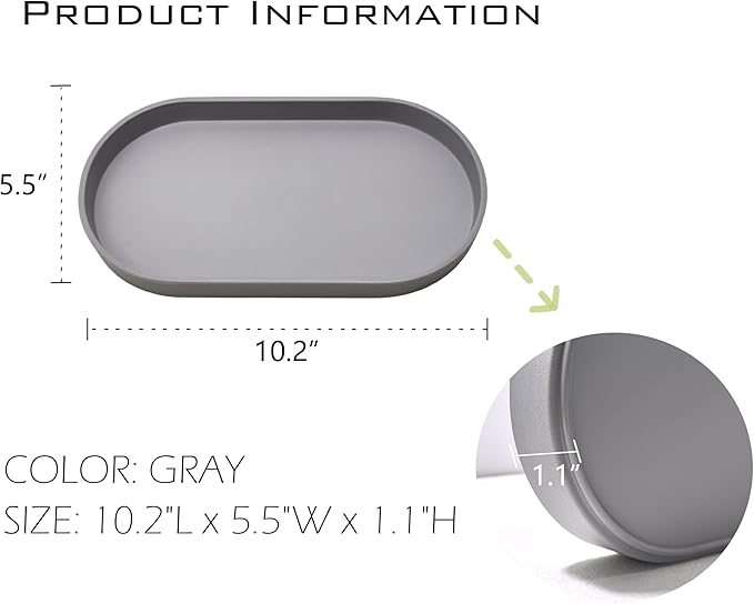 Gray Small Tray (10 inch), Oval Tray for Kitchen Counter, Bathtub Bathroom Vanity Items, Countertop Organizer, Coffee Accessory, Bar, Serving Seasoning, Salt and Pepper, Soap, Perfume.