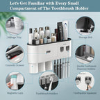 Toothbrush Holders Wall Mounted, Toothbrush Holder with Automatic Toothpaste Dispensers, 6 Brush Slots, 3 Magnetic Cups,1 Cosmetic Drawer Organizer and 1 Large Storage Tray