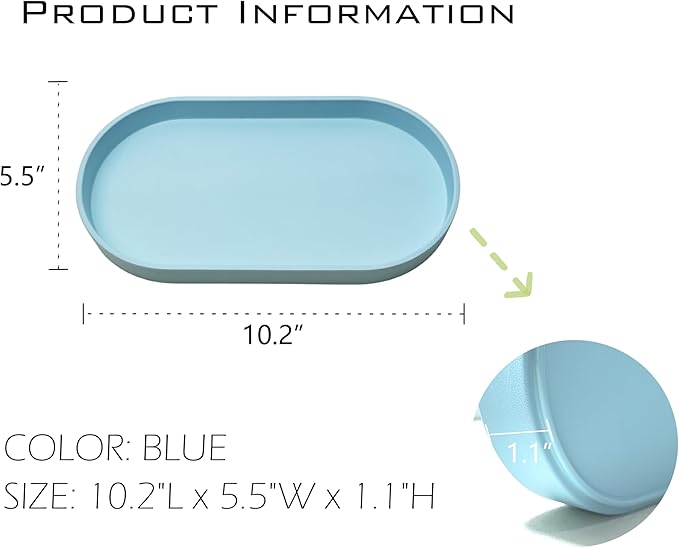 Blue Small Tray (10 inch), Oval Tray for Kitchen Counter, Bathtub Bathroom Vanity Items, Countertop Organizer, Coffee Accessory, Bar, Serving Seasoning, Salt and Pepper, Soap, Perfume.