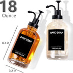 Dish Soap Dispenser for Kitchen, Hand Glass Soap Dispenser Set with Pump, Tray, Funnel for Bathroom, Shower, Laundry, Liquid, Lotion (Black 2 Pack 18 Oz Clear Bottles with 12 Stickers)