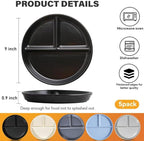 Portion Control Plate for Balanced Eating (5 Pack), 9" Unbreakable Divided Plates,3 Compartment Plates, Reusable Plastic Plates,Weight Loss, BPA Free