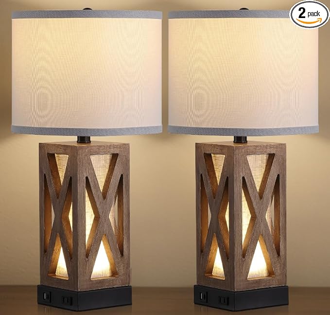 Set of 2 Wood Table Lamp, Vintage Nightstand Lamp with USB Charging Ports A/C, Farmhouse Bedside Lamps for Living Room
