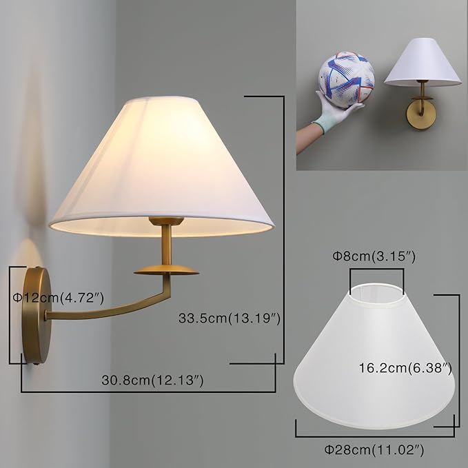 PERMO Vintage Wall Sconce Antique Rustic Gold Sconces wiht White Textile Fabric Shade Hardwired Sconce Indoor Wall Lights for Living Room Bedroom Kitchen Dining Room Home Office