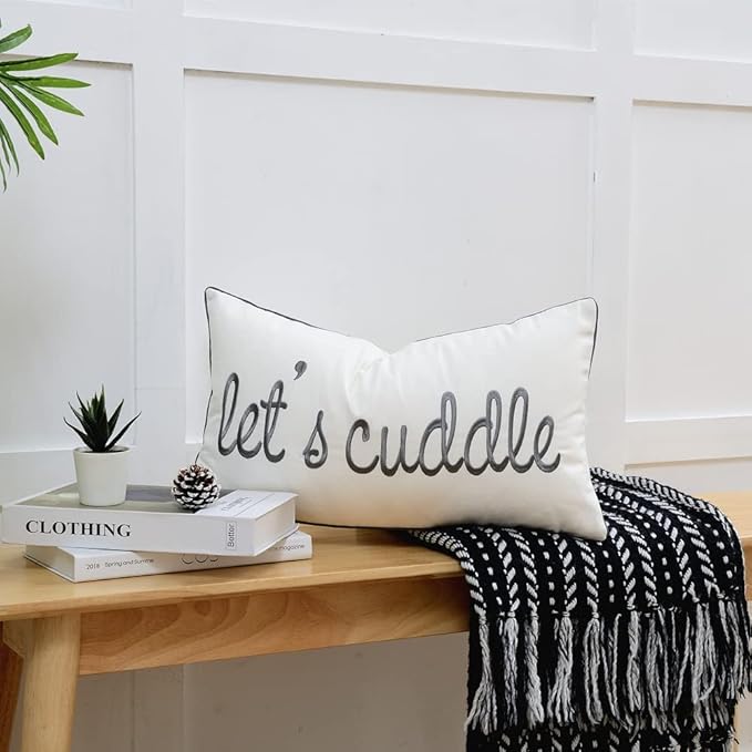 Sunkifover Decorative Rectangle Pillow Covers 12x20 Inches, Soft Solid Lumbar Pillowcase, Embroidered Rectangular Cushion Covers with Let's Cuddle Quote for Bed, Bedroom (Color Grey)