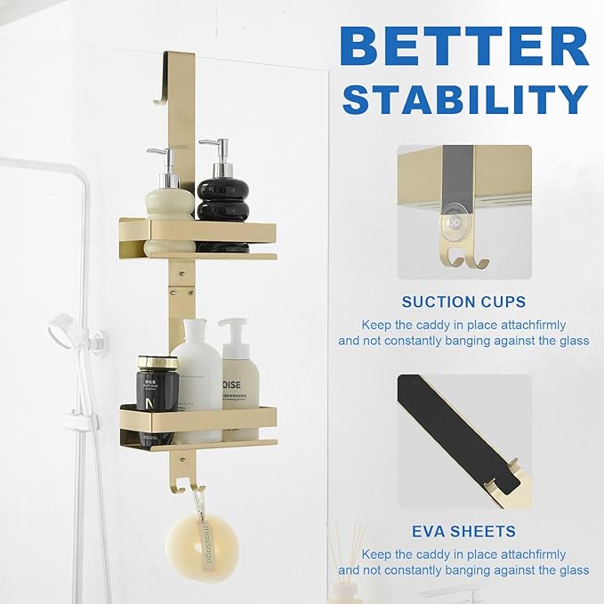 Gold Shower Caddy Over Shower Door - 2 Tier Hanging Shower Caddy Organizer No Drilling, Shower Storage Shelf for Indoor Shower, Bathroom, Bedroom, Kitchen