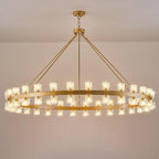 60 Inch Gold Wagon Wheel Chandelier with Crystal Shade, 60 Lights, Modern Farmhouse Style, Ideal for Dining Room, Kitchen, Entryways