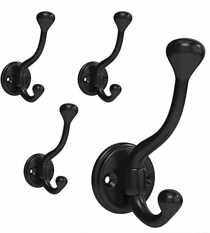 4 Pack Wall Hooks for Hanging, Heavy Duty Coat Hook Wall Mount, Easy to Install Metal Closet Hooks, Apply to Bathrooms, Bedrooms, Living Rooms, Entrances（Black）