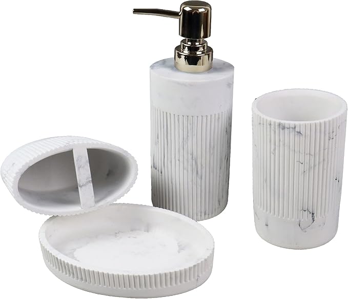 Hymmah Marble Bathroom Accessories Set,Farmhouse Bathroom Decor,4 Pcs Resin Gift Set Apartment Necessities, Contain Cotton Swab Jar,Soap Dispenser,Tumbler，Soap Dish/Tray