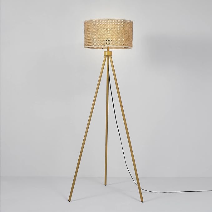 GLOBE Electric 65914 60" Floor Lamp, Faux Wood Tripod Base, Rattan Shade, On/Off Rotary Switch on Socket