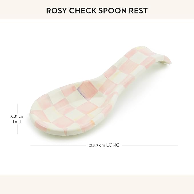 MACKENZIE-CHILDS Enamel Spoon Rest, Kitchen Spoon Holder and Utensil Rest for Stovetop, Pink-and-White Rosy Check