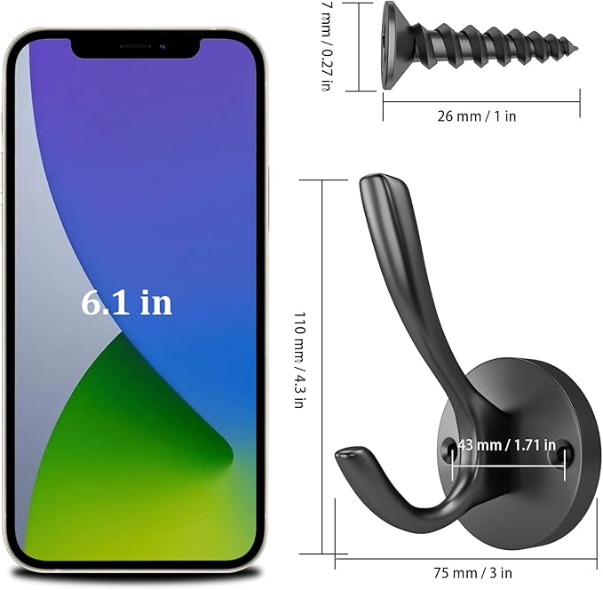 ZUONAI Black Towel Hooks for Bathrooms 2 Pack Black Coat Hook Wall Hook for Hanging and Hat Hooks Towel Hooks for Wall Hooks for Coats Heavy Duty Hook for Hanging Coats Bedroom Hook