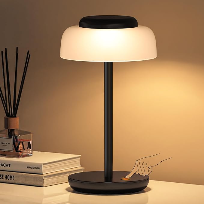 QiMH Battery Operated LED Table Lamp, 5000mAh Rechargeable Cordless Lamp, Stepless Dimmable Touch Control, Small Waterproof Desk Night Light for Living Room, Bedroom, Outdoor Bar (Black)