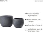 Olly & Rose Barcelona Ceramic Plant Pot Set 2 - Black Flower Pots 7" and 5.5" - Indoor & Outdoor Planters (Black)