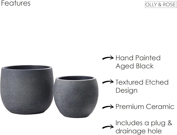 Olly & Rose Barcelona Ceramic Plant Pot Set 2 - Black Flower Pots 7" and 5.5" - Indoor & Outdoor Planters (Black)