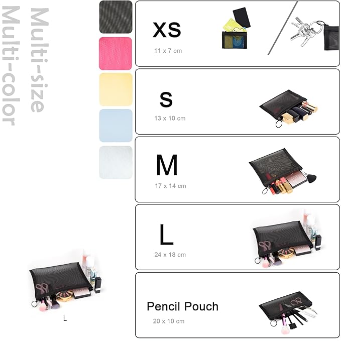 Patu Zipper Mesh Bags, Size L / A5, 5 Pieces, Beauty Makeup Cosmetic Accessories Organizer, Travel Toiletry Kit Set Storage Pouch, Black