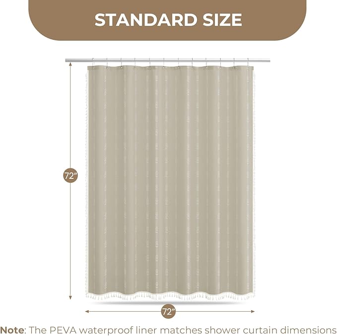 downluxe Linen Texture 3 in 1 Farmhouse Shower Curtain Set with Tassel, Boho Fabric Shower Curtains for Bathroom, Taupe, 72W x 72L