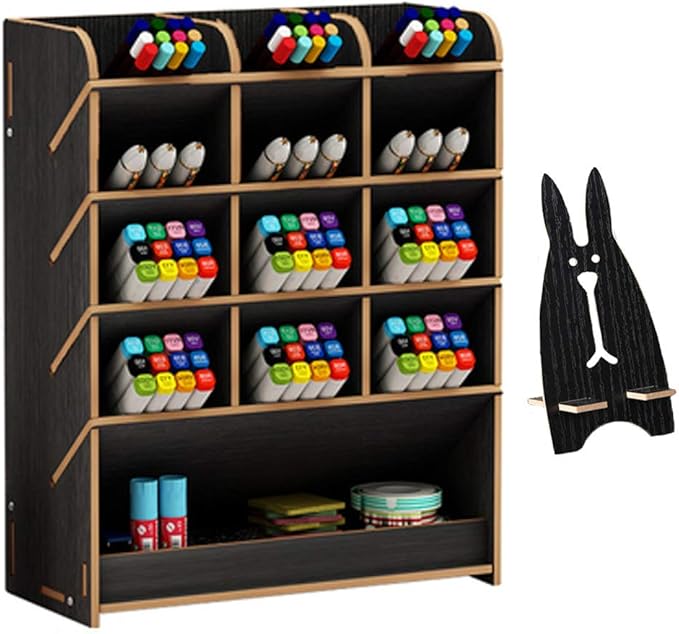 Marbrasse Wooden Pen Organizer, Multi-Functional DIY Pen Holder Box, Desktop Stationary, Easy Assembly, Home Office Art Supplies Organizer Storage with Drawer (B12-Black)