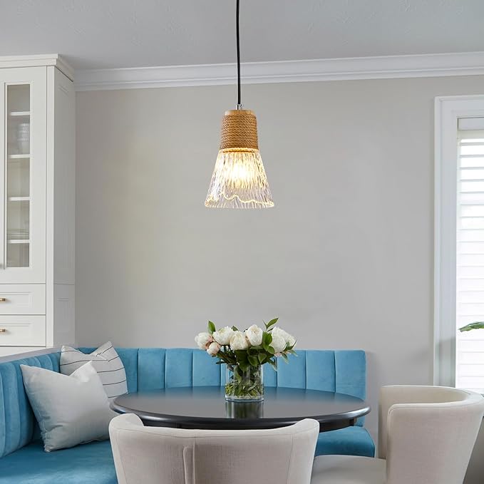 Pendant Light with Clear Striped Glass Lampshade, Hemp Rope Woven Vintage Pendant Light, Adjustable Height Hanging Chandelier Light for Dining Room Kitchen Hallway