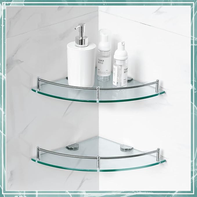 Crowye 2 Pcs Corner Shower Shelf 2-tier Glass Corner Shelf Stainless Steel Wall Mounted Bathroom Organizer for Storing Shower Gel Shampoo Brush, 9.25 Inches