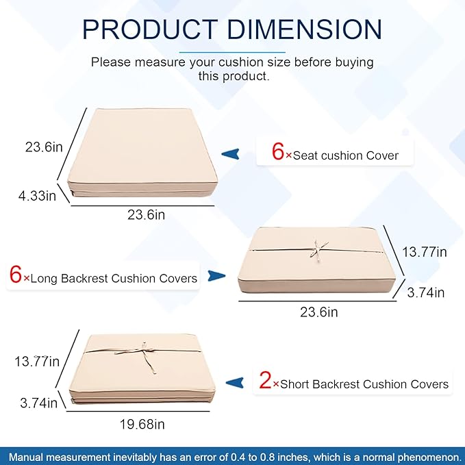 14 PCs Patio Cushion Covers for 7 PCs Outdoor Furniture Sectional Seating Sets Water Resistant Plus 2 Throw Pillows (Khaki, 23.6(L)*23.6(W)*4.33(T) inches)